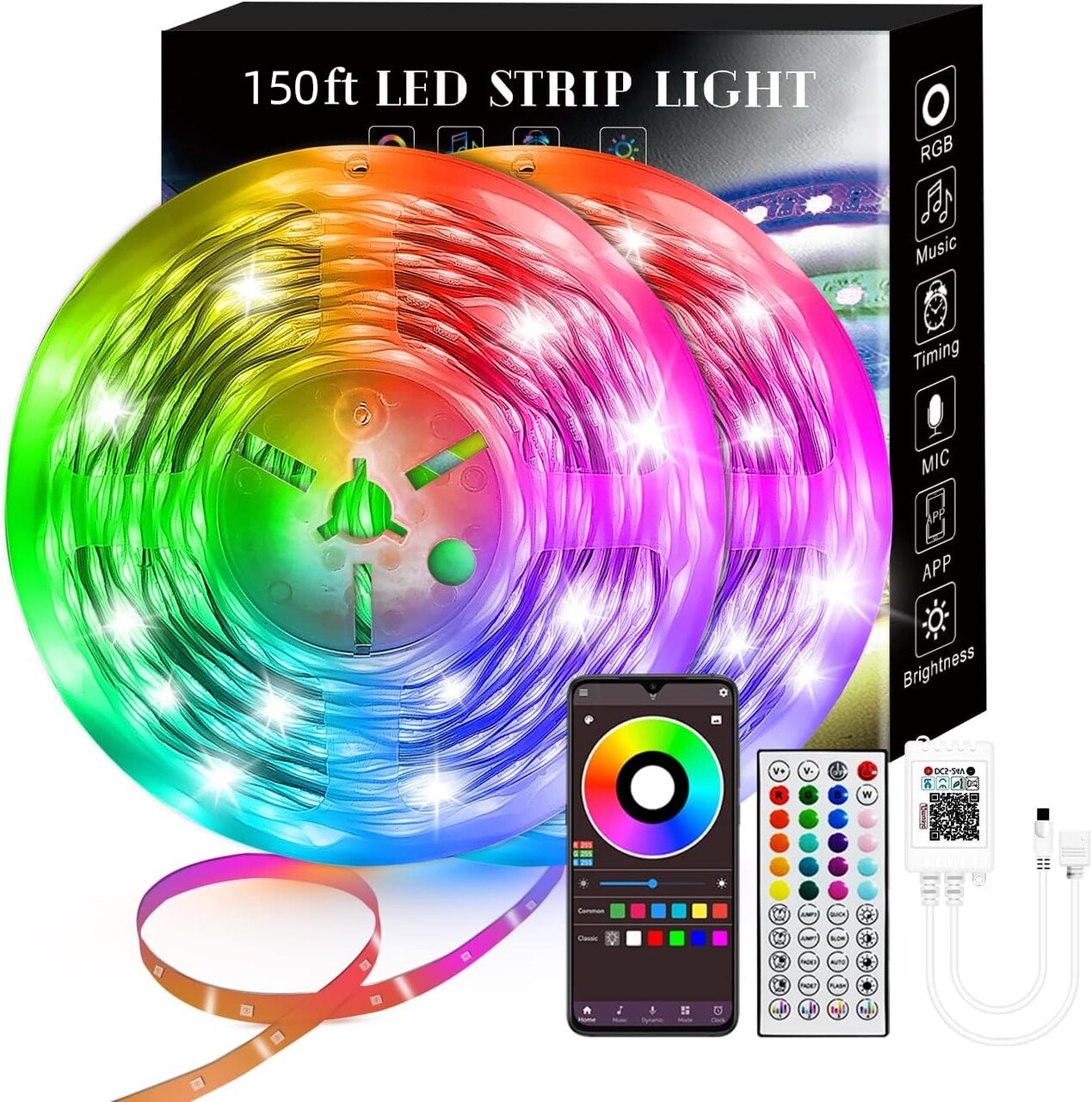 150FT Smart LED Strip Lights (2 Rolls of 75ft), RGB Strip Lights Sync to Music with 40 Key Remote Controller LED Lights for Bedroom,Christmas Lights decration (Multi-Colored, 150FT)